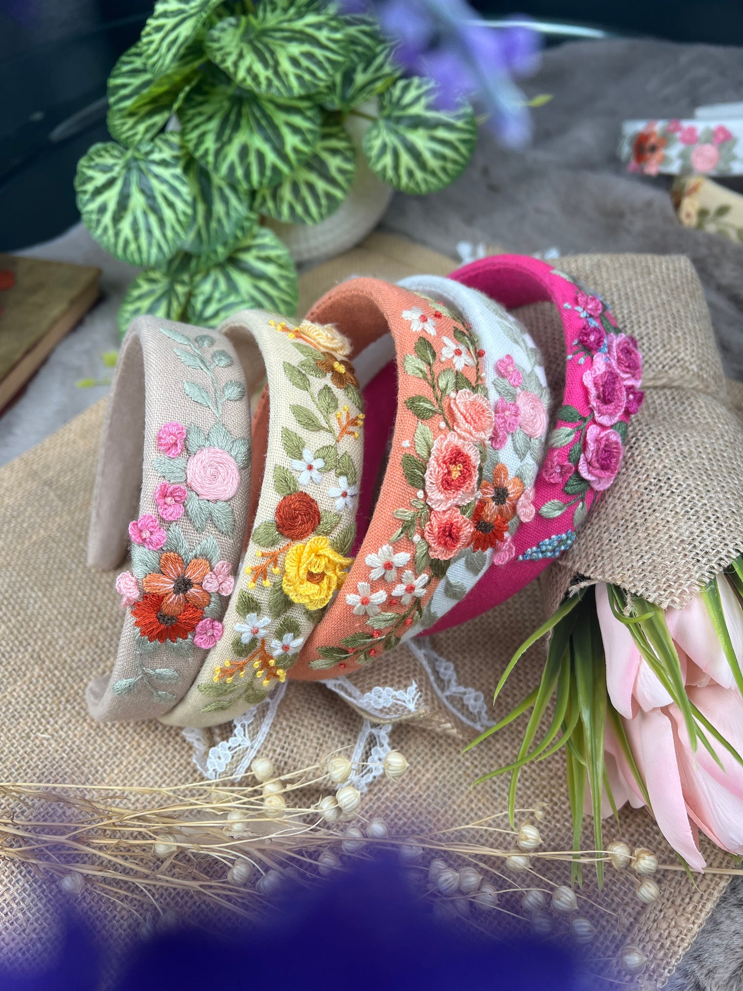 Unique Flower Embroidered Headband, Flower headband